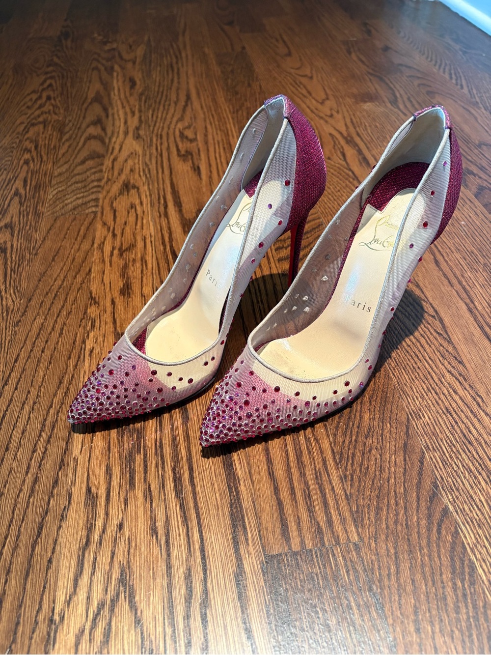 Christian Louboutin Red/Pink Swarovski Crystal-Studded Sheer Pointed-Toe Pumps